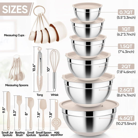 25PCS Stainless Steel Mixing Bowls Set with Lids | Nesting Prep Bowls with Grater Attachments & Non-Slip Bottoms | Kitchen Food Storage & Serving Set